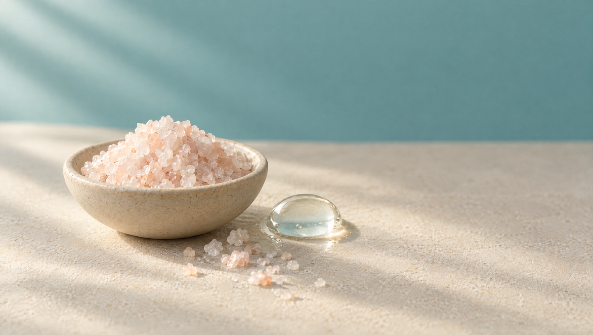 A small stone dish of pale pink salt crystals beside a clear droplet of gel on warm stone, against a soft teal wall.