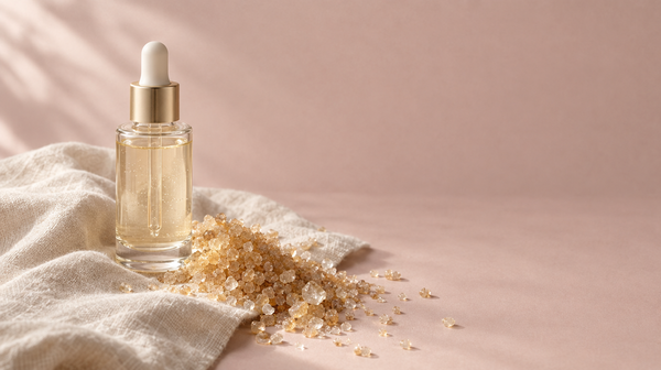 A glass bottle of pale serum beside scattered raw sugar crystals on cream linen.