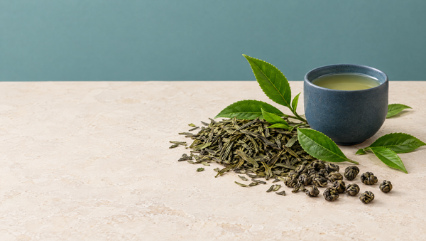 Fresh and dried green tea leaves on a warm stone surface beside a slate blue cup of pale green tea, against a soft teal backdrop.
