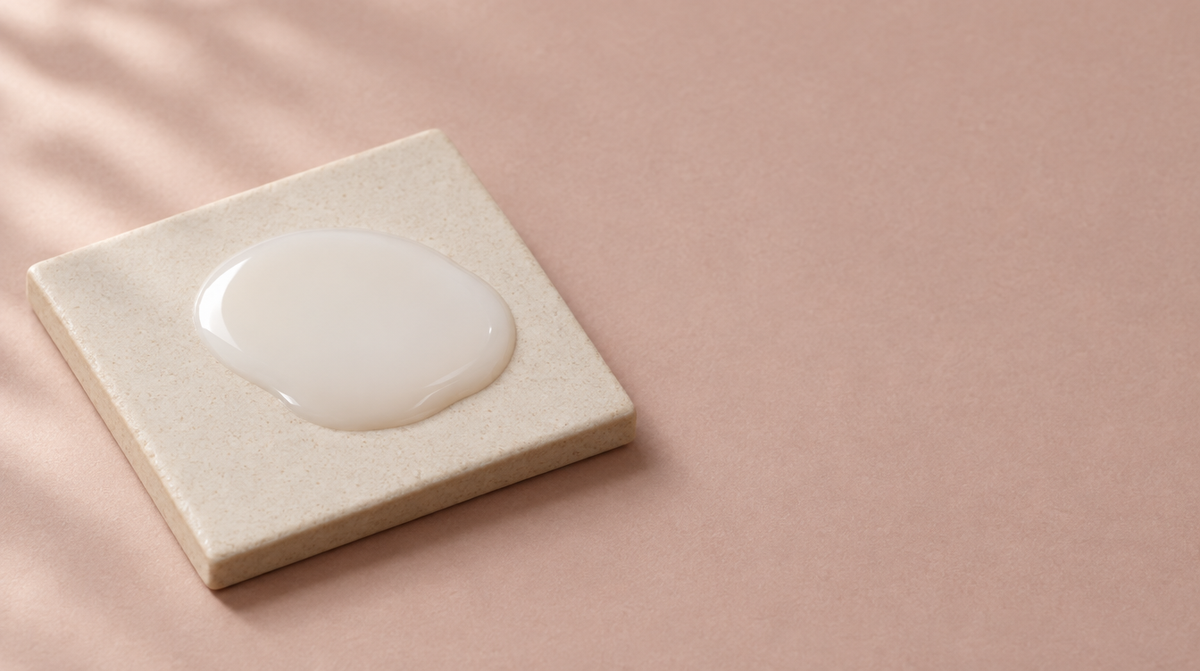 A smooth pool of pale milky serum on a cream ceramic tile in soft daylight.