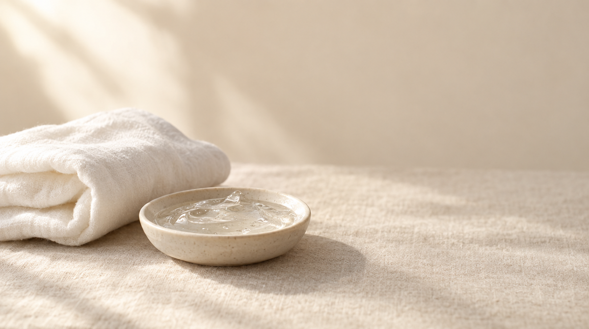A folded white cotton cloth beside a shallow dish of clear gel on pale linen.