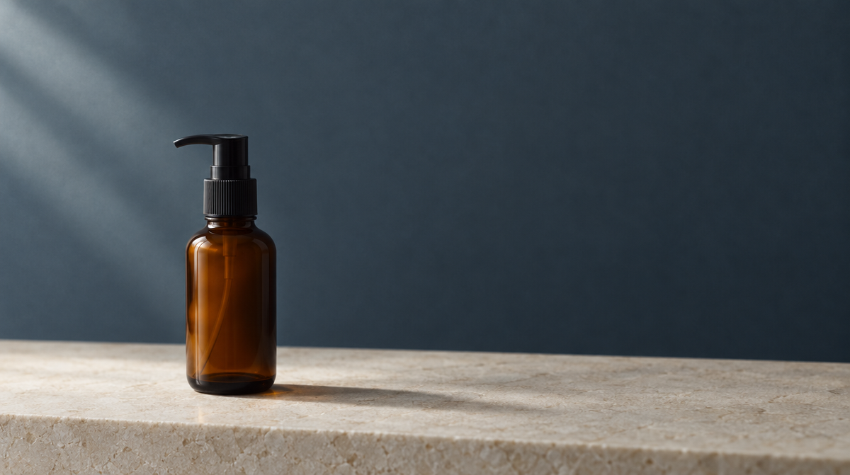 An opaque amber pump bottle on a pale stone surface in soft directional light.
