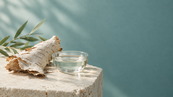 A piece of pale willow bark beside a small glass dish of clear liquid on a stone surface.