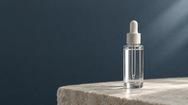 A clear glass dropper bottle of completely clear fluid on a pale stone surface.