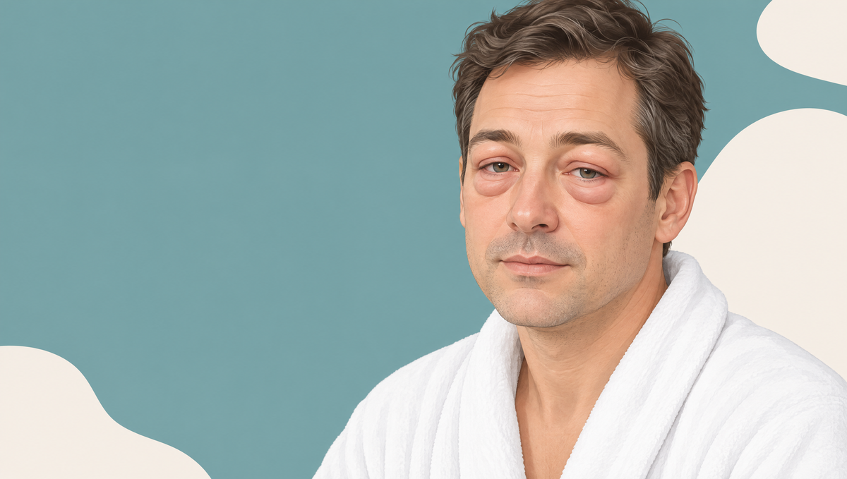 Illustration of a man in his forties with light skin in a white robe, with soft swollen bags beneath both eyes.