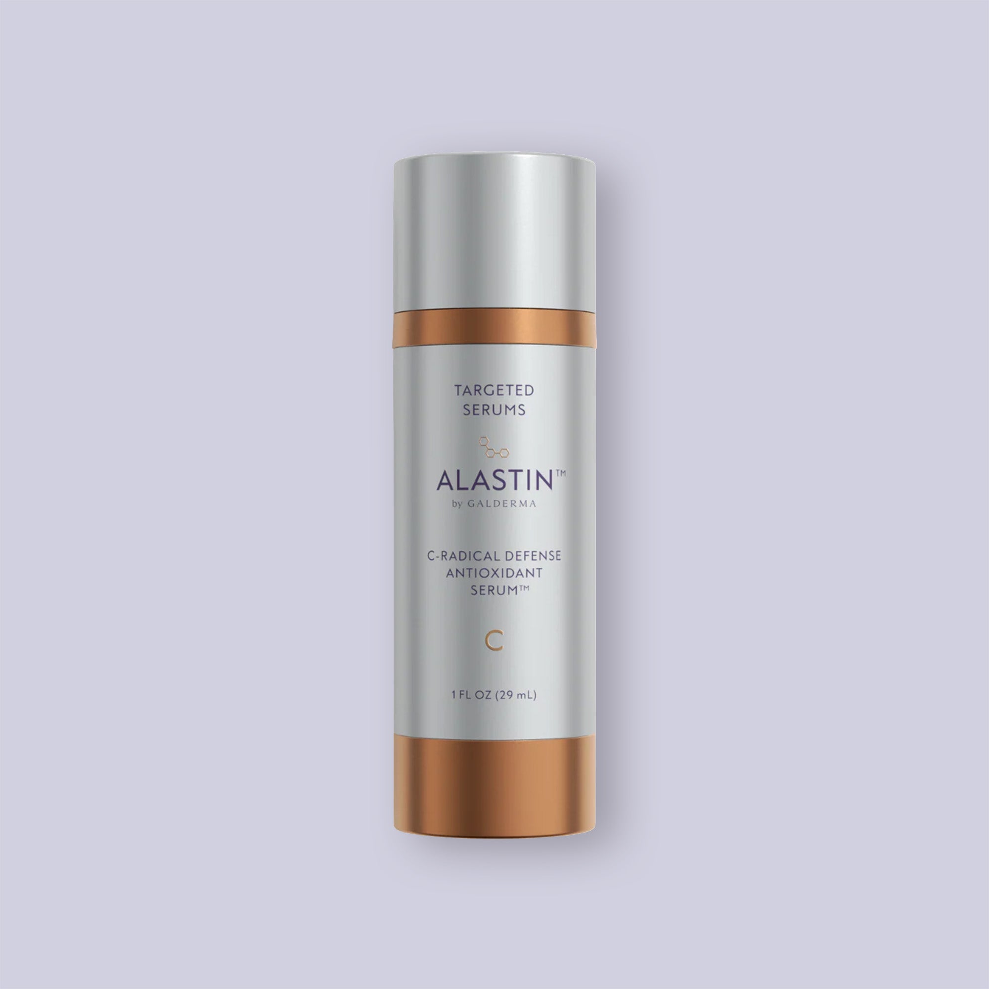 Alastin C-Radical Defense Antioxidant Serum bottle on a light purple background