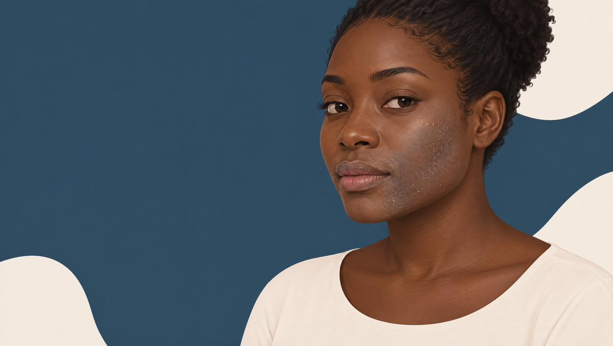 Illustration of a woman with deep dark-brown skin, with dull ashy patches and fine flaking on her cheek and around her mouth.