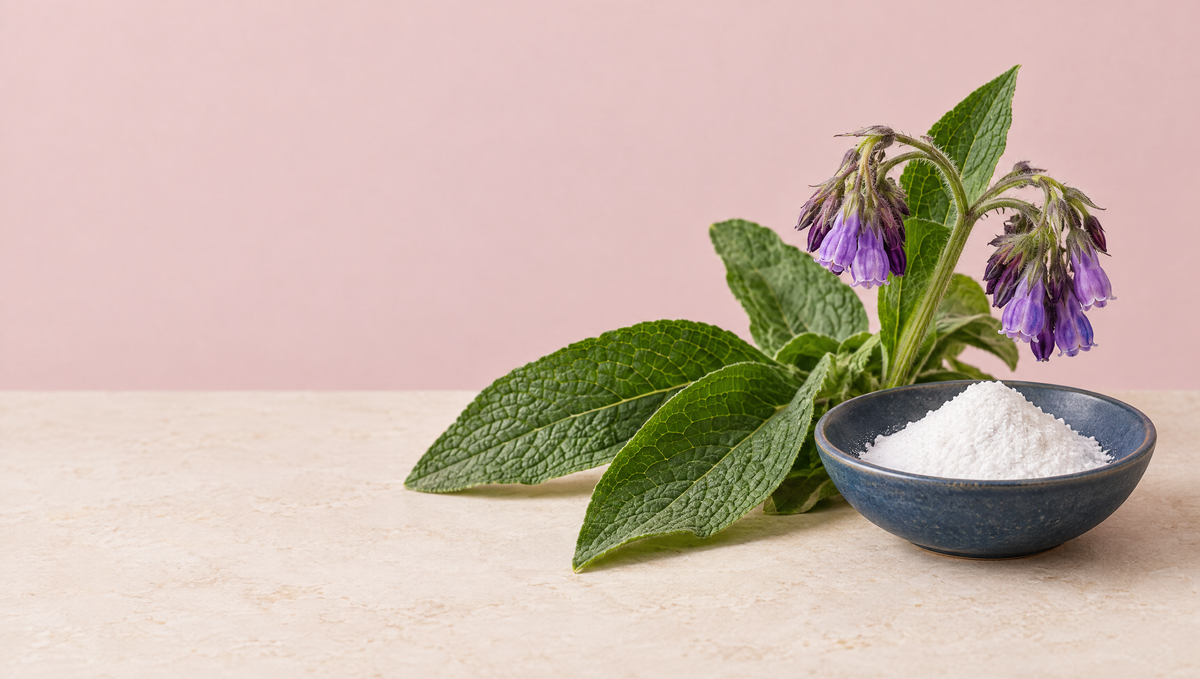 Fresh comfrey leaves and purple flowers beside a slate blue dish of fine white allantoin powder on a warm stone surface.