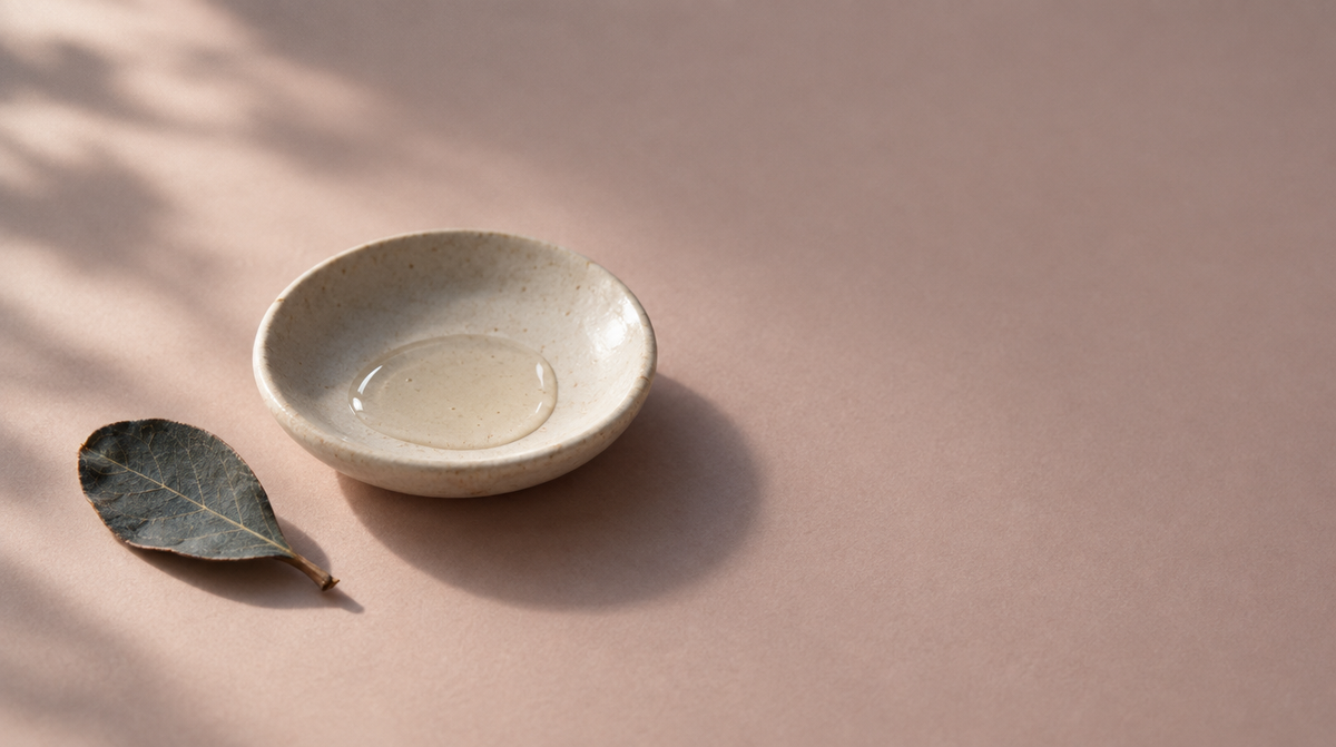 A shallow cream dish holding clear serum beside a dried bearberry leaf, lit softly from the side.