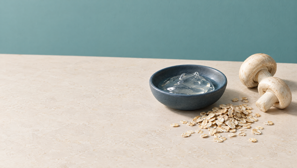 A slate blue dish of clear gel beside oat flakes and two pale mushrooms on warm stone against a soft teal backdrop.