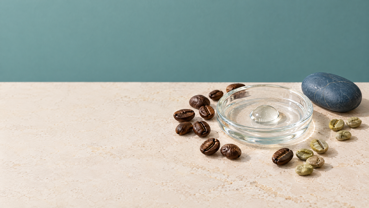 Roasted and green coffee beans beside a glass dish holding a drop of clear gel on a warm stone surface against a soft teal backdrop.