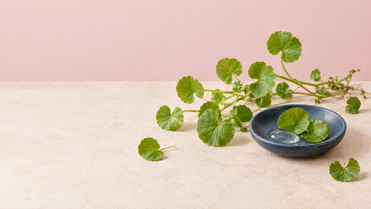 Fresh centella sprigs with small round scalloped leaves on a warm stone surface beside a slate blue ceramic dish, against a soft blush backdrop.