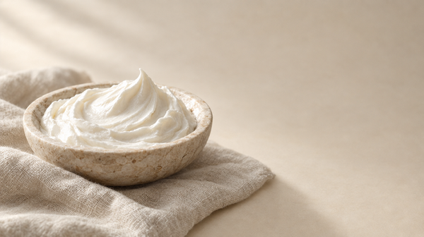 A scoop of thick white cream with a soft peak on a stone dish, resting on pale linen.