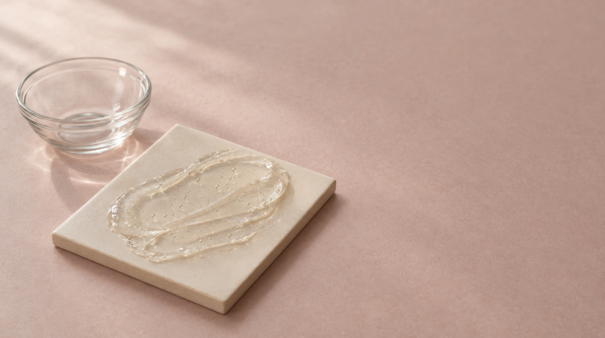 Translucent gel smoothed across a cream ceramic tile beside an empty glass mixing bowl.