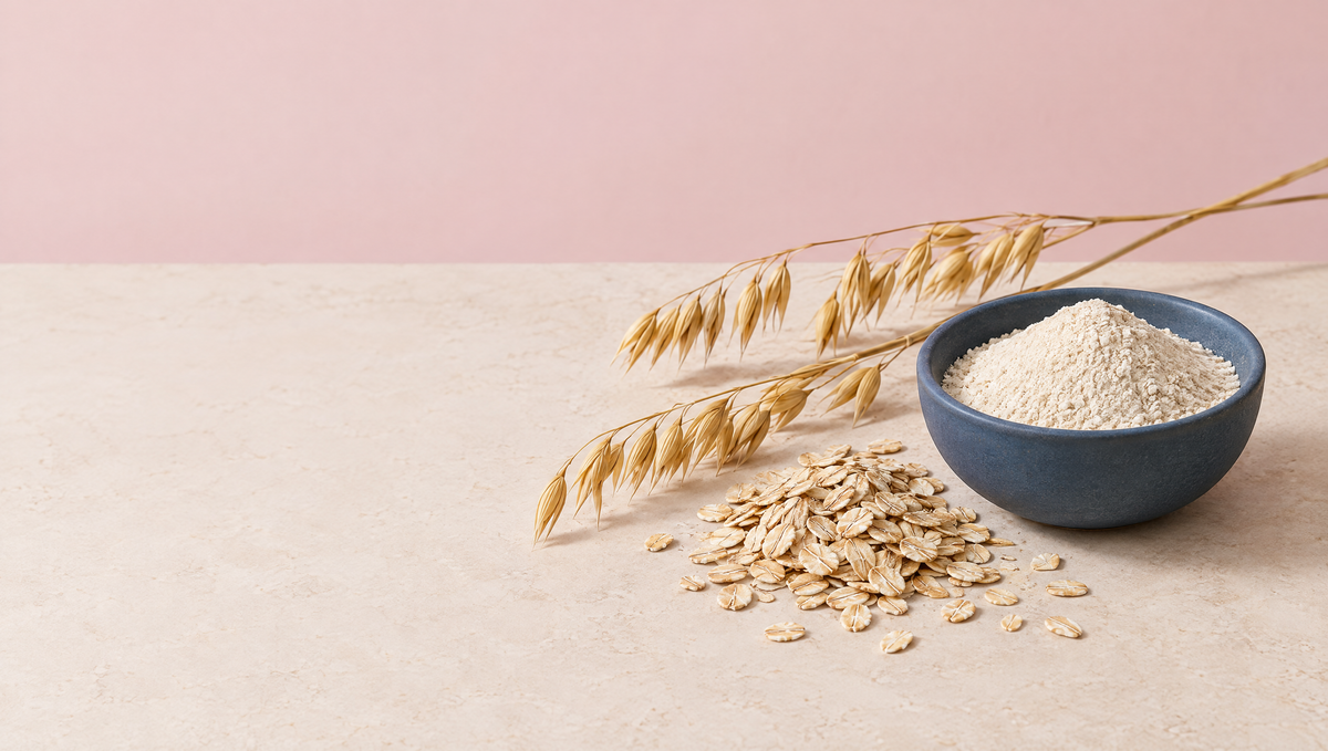 A slate blue dish of fine pale oat powder beside loose oat grains and dried oat stalks on warm stone against a blush backdrop.