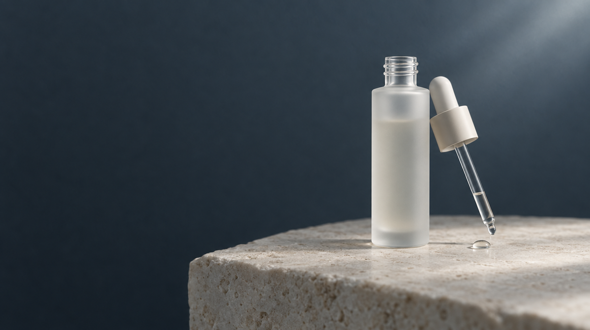 A frosted glass dropper bottle on a pale stone surface with a single clear droplet beside it.
