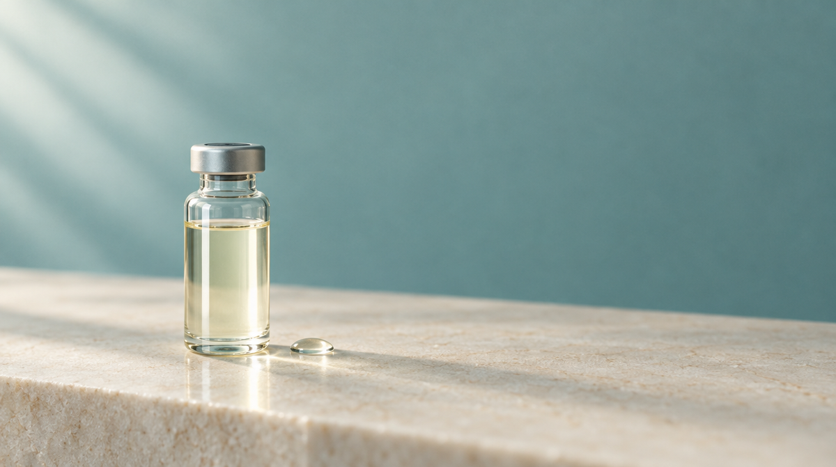 A clear glass vial of pale translucent liquid on a stone surface in soft daylight.