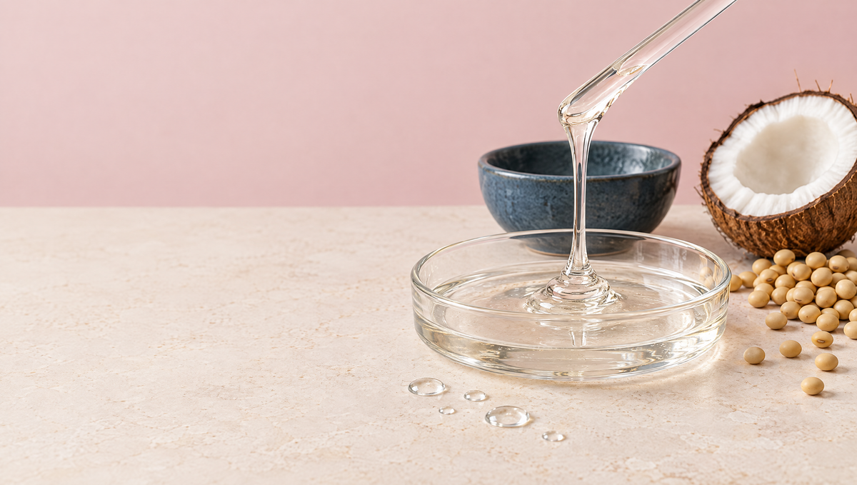 A glass dish of clear, thick glycerin with a ribbon falling from a glass rod, beside water droplets, a halved coconut and soybeans.