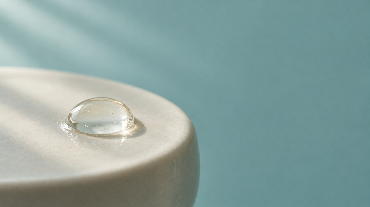 A clear domed droplet of serum on a pale ceramic surface in soft daylight.