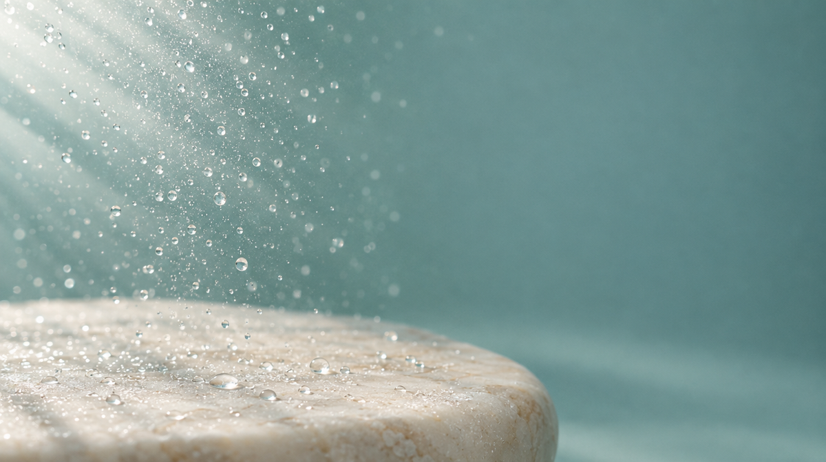 A fine mist of water droplets falling onto a pale stone surface in soft daylight.