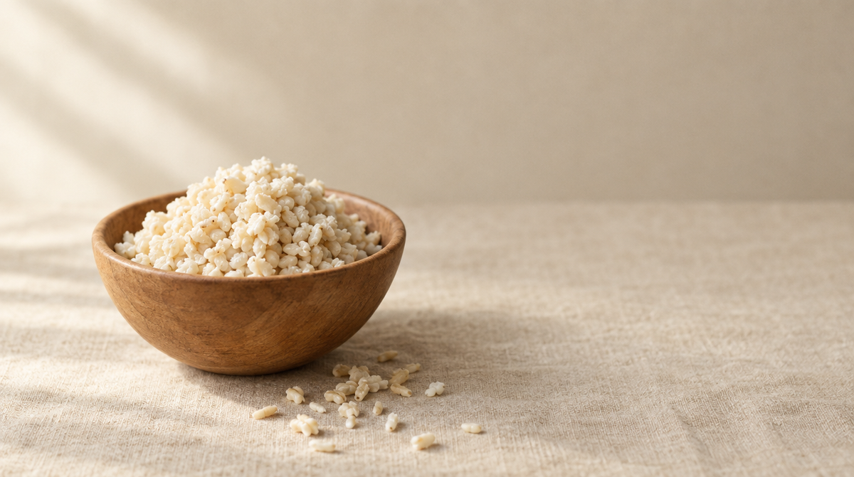A wooden bowl of pale fermented rice grains on a linen surface in soft daylight.