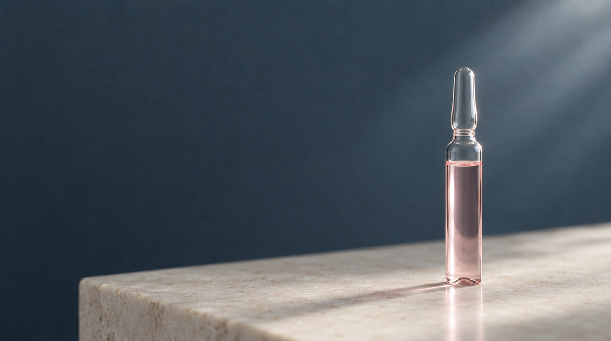 A clear glass ampoule of faintly pink liquid standing on a pale stone surface.