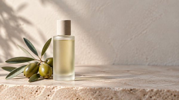 A frosted glass bottle of clear oil on a stone surface beside olives on a branch, in soft daylight.