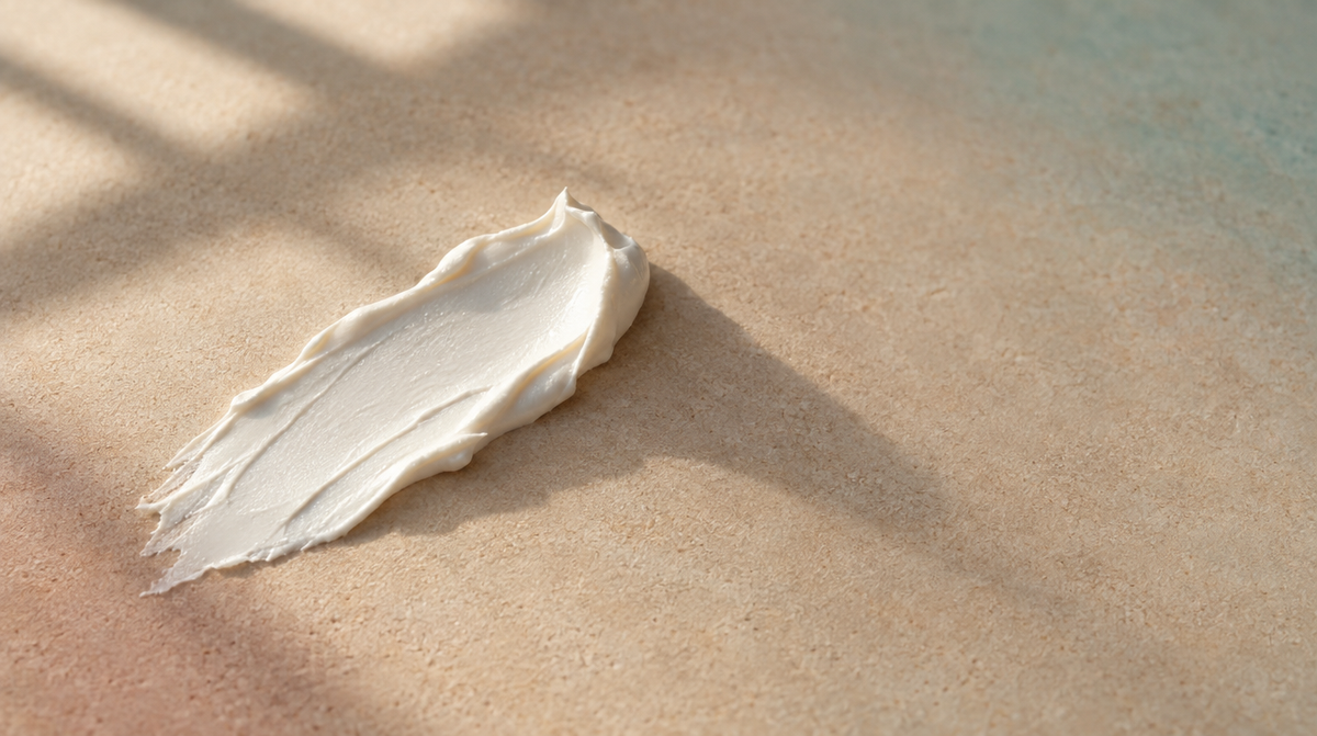 A thick swipe of white mineral sunscreen across a warm sand-colored surface in strong afternoon sunlight.