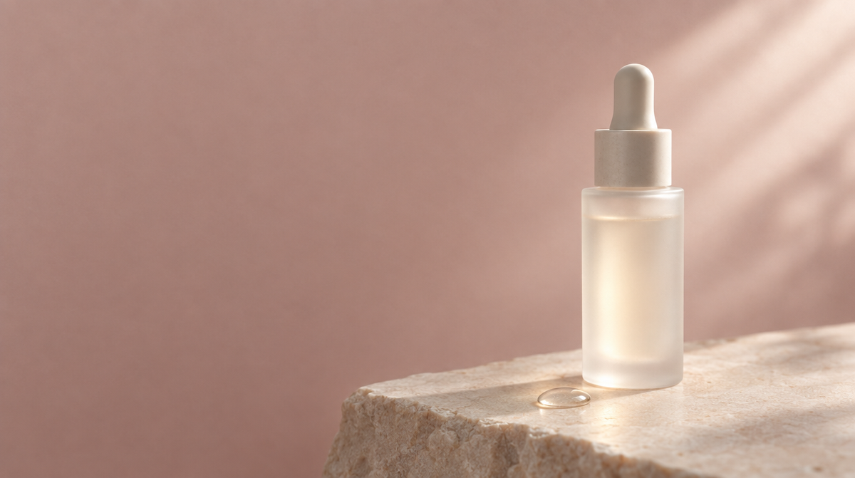 A softly backlit frosted glass bottle on a pale stone surface with a single drop of serum beside it.