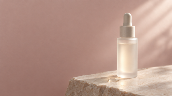 A softly backlit frosted glass bottle on a pale stone surface with a single drop of serum beside it.