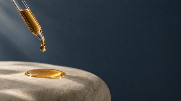 A glass dropper releasing a golden serum droplet against a deep slate blue background.