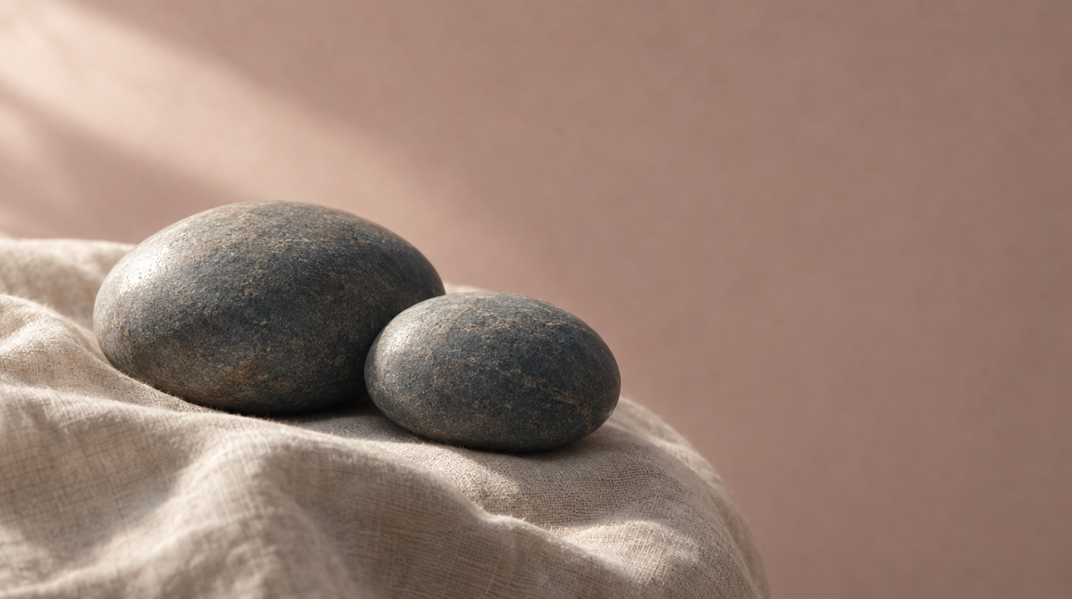 Two smooth rounded stones resting on cream linen in soft daylight, suggesting fullness and weight.