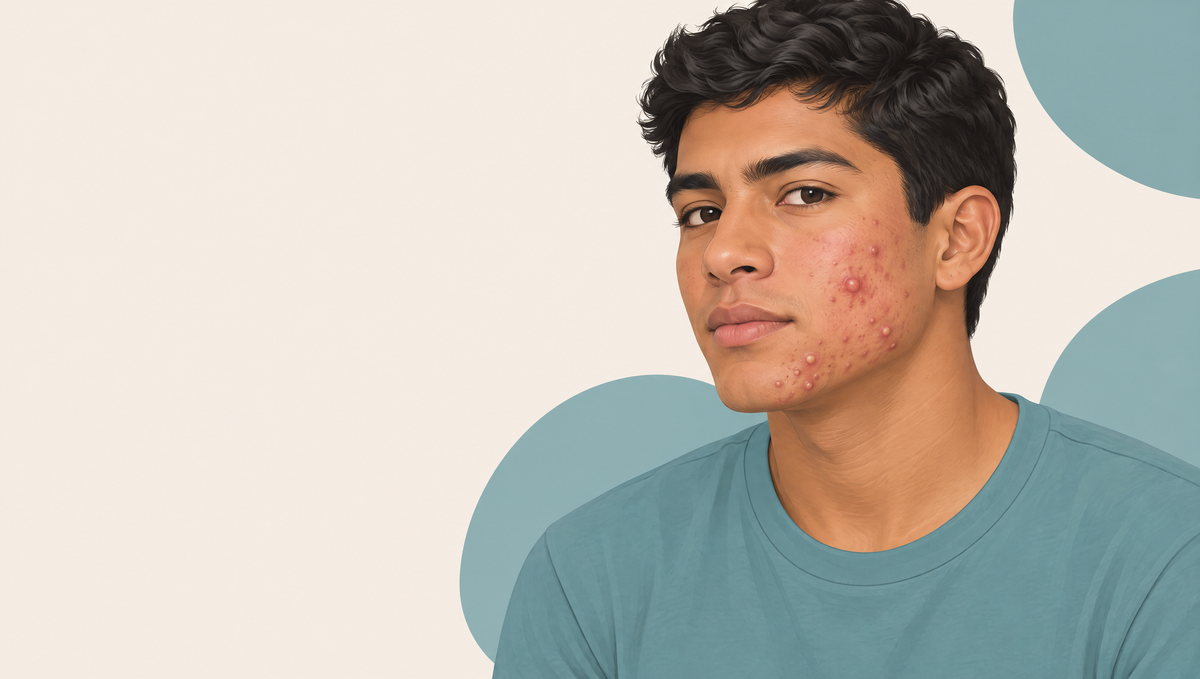 Illustration of a young man with medium tan skin, with raised red-brown spots and a few small pustules on his cheek and jaw.