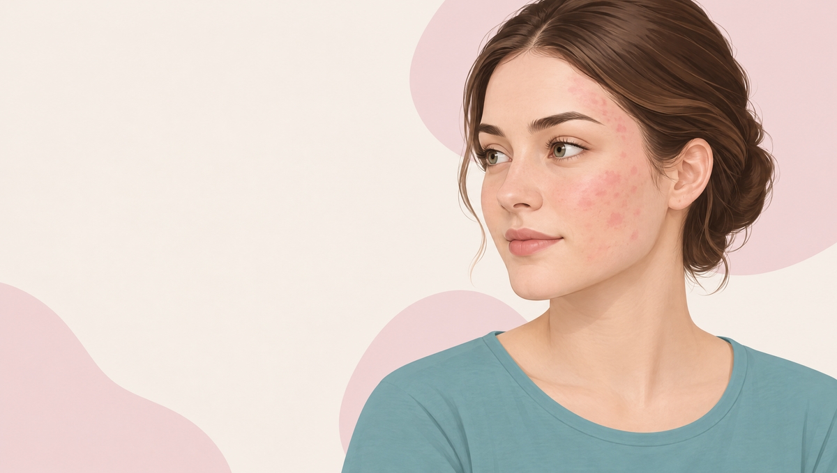 Illustration of a young woman with fair skin, with flat pink-red marks on her cheek where breakouts have healed.