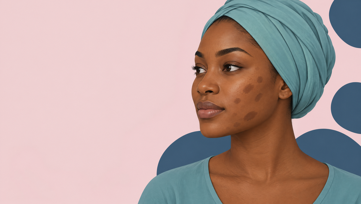 Illustration of a woman with deep brown skin in a teal headwrap, with flat darker brown marks on her cheek where old breakouts have healed.