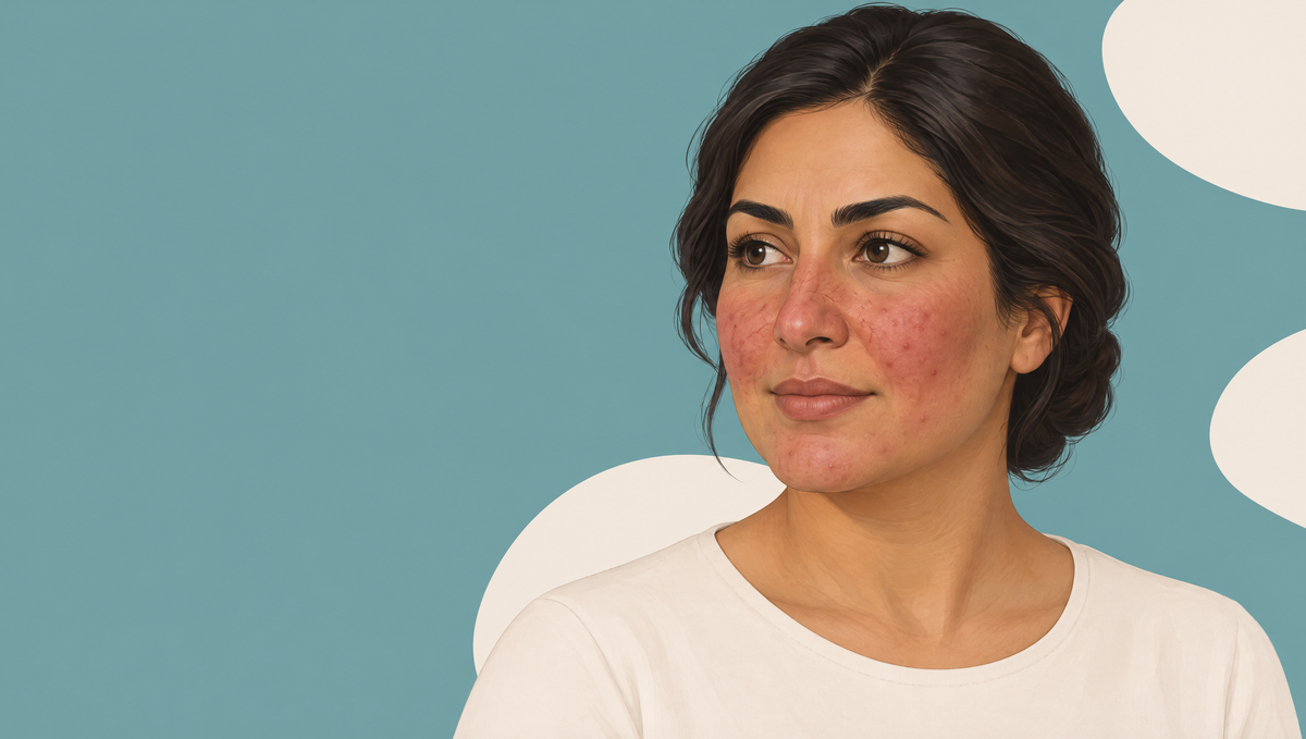 Illustration of a middle-aged woman with olive-tan skin, with dusky redness and small bumps across her cheeks and nose while her forehead stays clear.