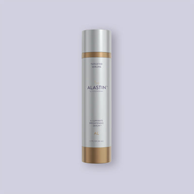 Alastin A-Luminate Brightening Serum bottle on a light purple background