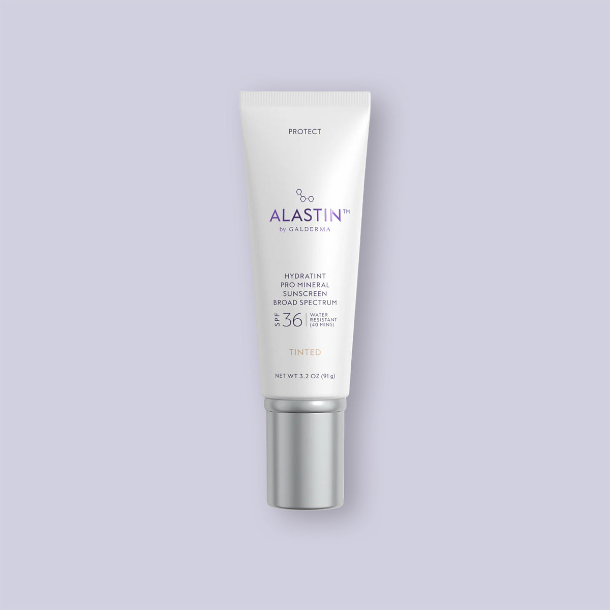 Alastin Hydratint Pro Mineral Sunscreen SPF36 tube on a light purple background