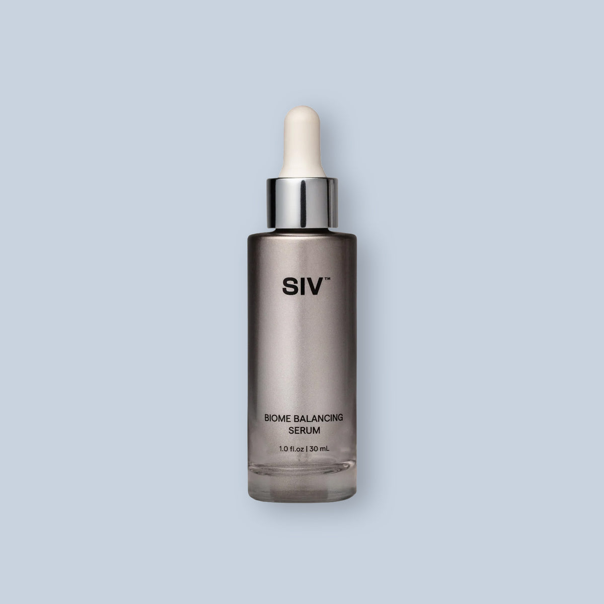 SIV Biome Balancing Serum bottle with dropper on a light gray background