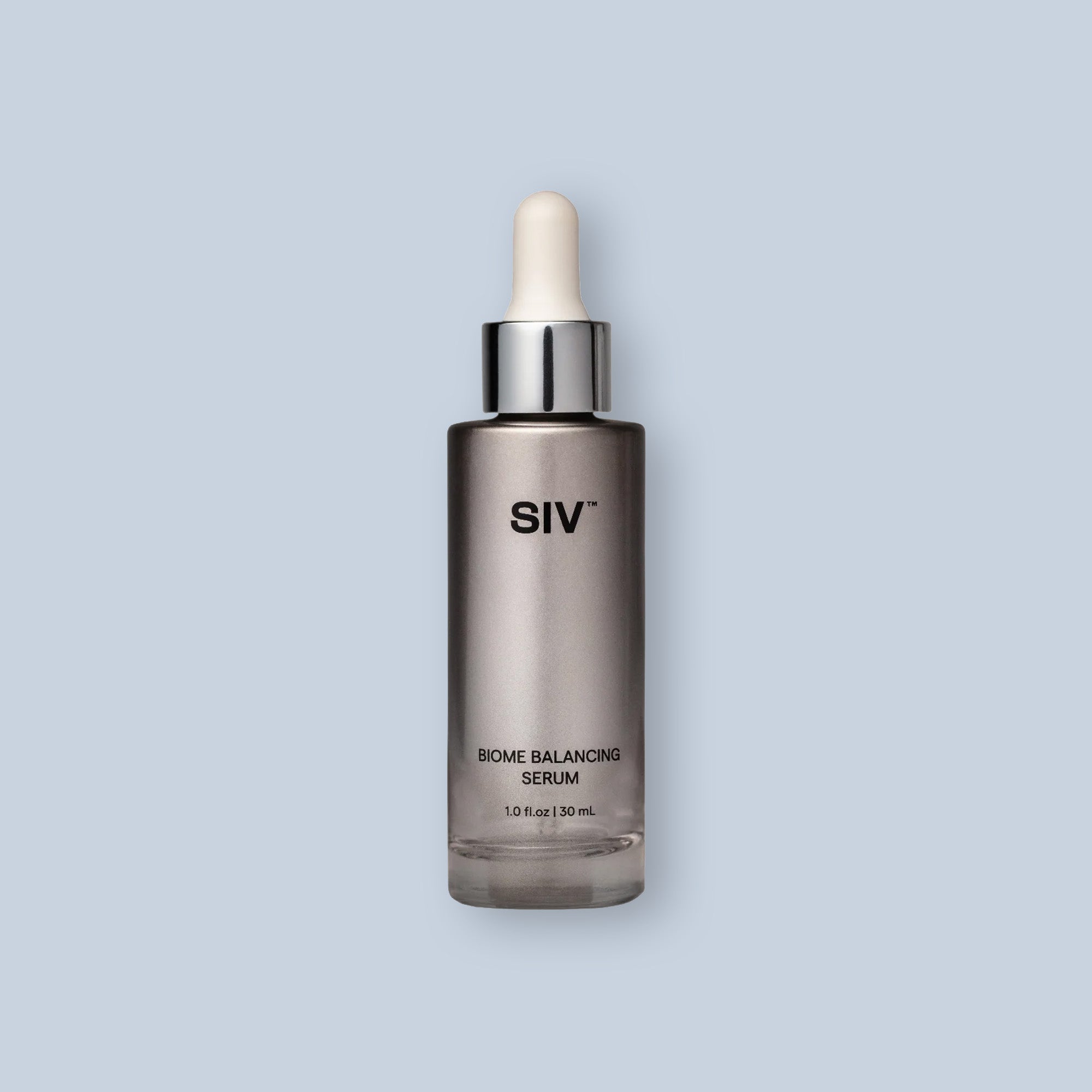 SIV Biome Balancing Serum bottle with dropper on a light gray background