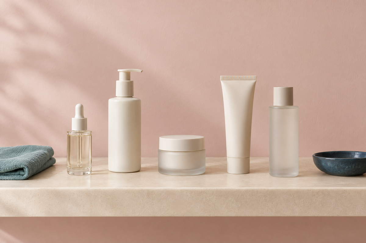 A small, carefully chosen selection of skincare products spaced out on a shelf