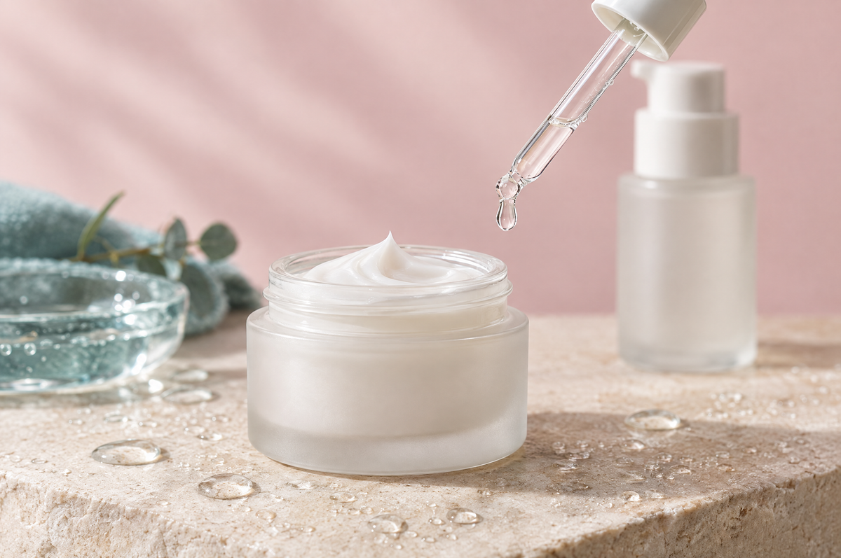 A dropper releasing a drop of clear serum beside an open jar of light gel-cream and water droplets on stone.