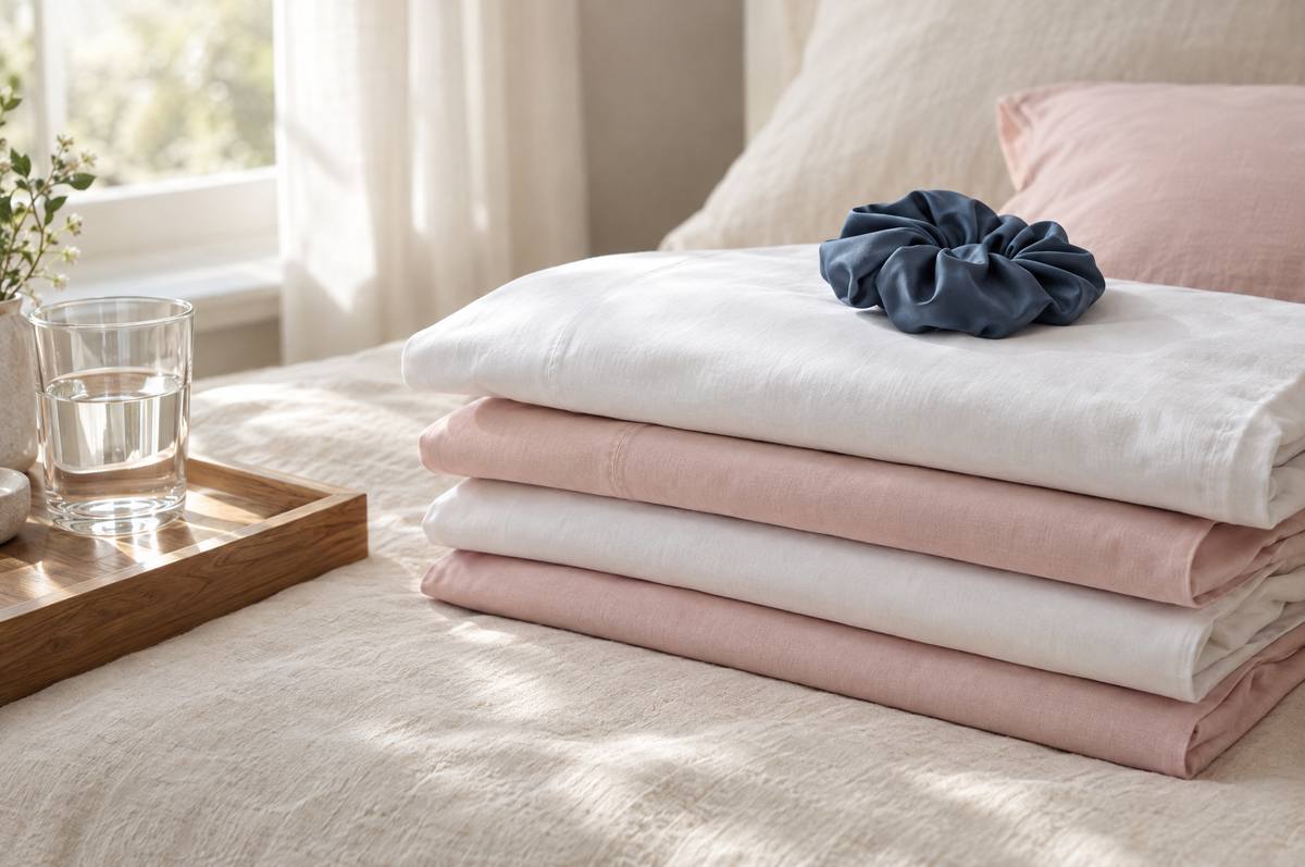 A stack of freshly laundered pillowcases on a bed with a silk scrunchie and a glass of water.