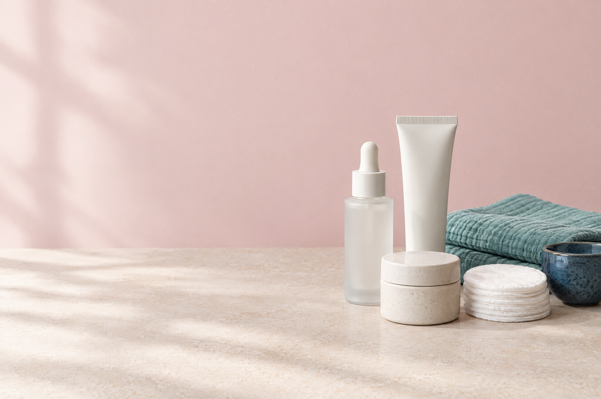 An unlabeled dropper bottle, tube and jar beside cotton rounds and a folded teal cloth on a warm stone surface.
