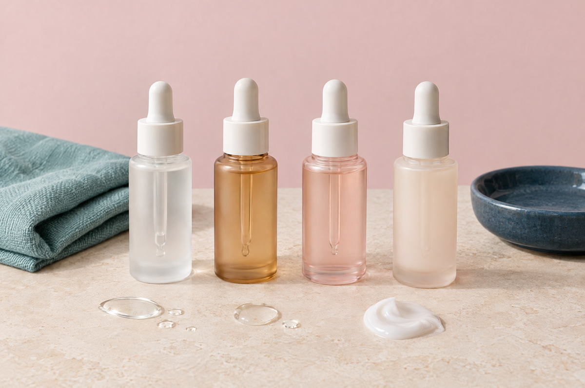 A row of unlabeled glass dropper bottles with drops of clear serum and a swirl of gel cream on stone.