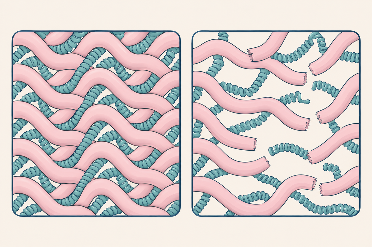 Illustration of two fiber networks: a dense, springy mesh beside a sparser mesh with broken, slack fibers.