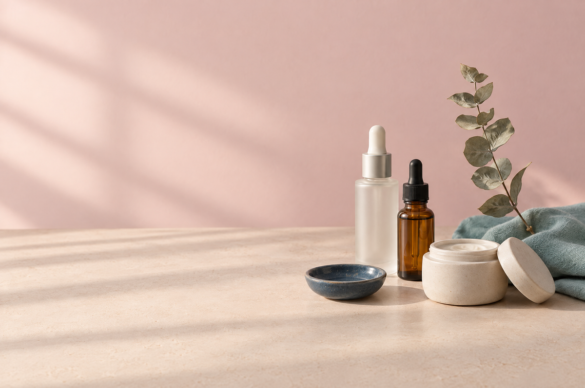 An unlabeled dropper bottle, amber serum bottle and ceramic jar beside dried eucalyptus and a folded teal cloth in warm afternoon light.