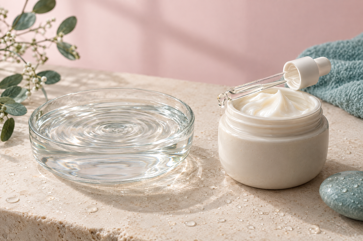 A dish of rippling water beside an open jar of silky ivory cream and a dropper with a drop of clear serum on stone.