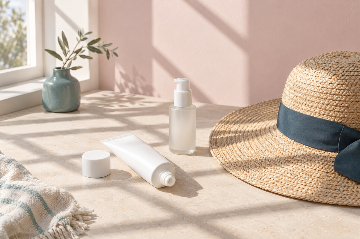 Morning sunlight casting window-frame shadows across an unlabeled sunscreen tube, a pump bottle and a straw sun hat.