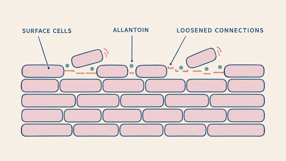 Diagram of stacked surface skin cells with teal allantoin dots between them and the top cells loosening and lifting away.
